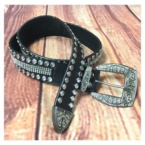 New Black Leather Rhinestone Belt w/Oversized Buckle